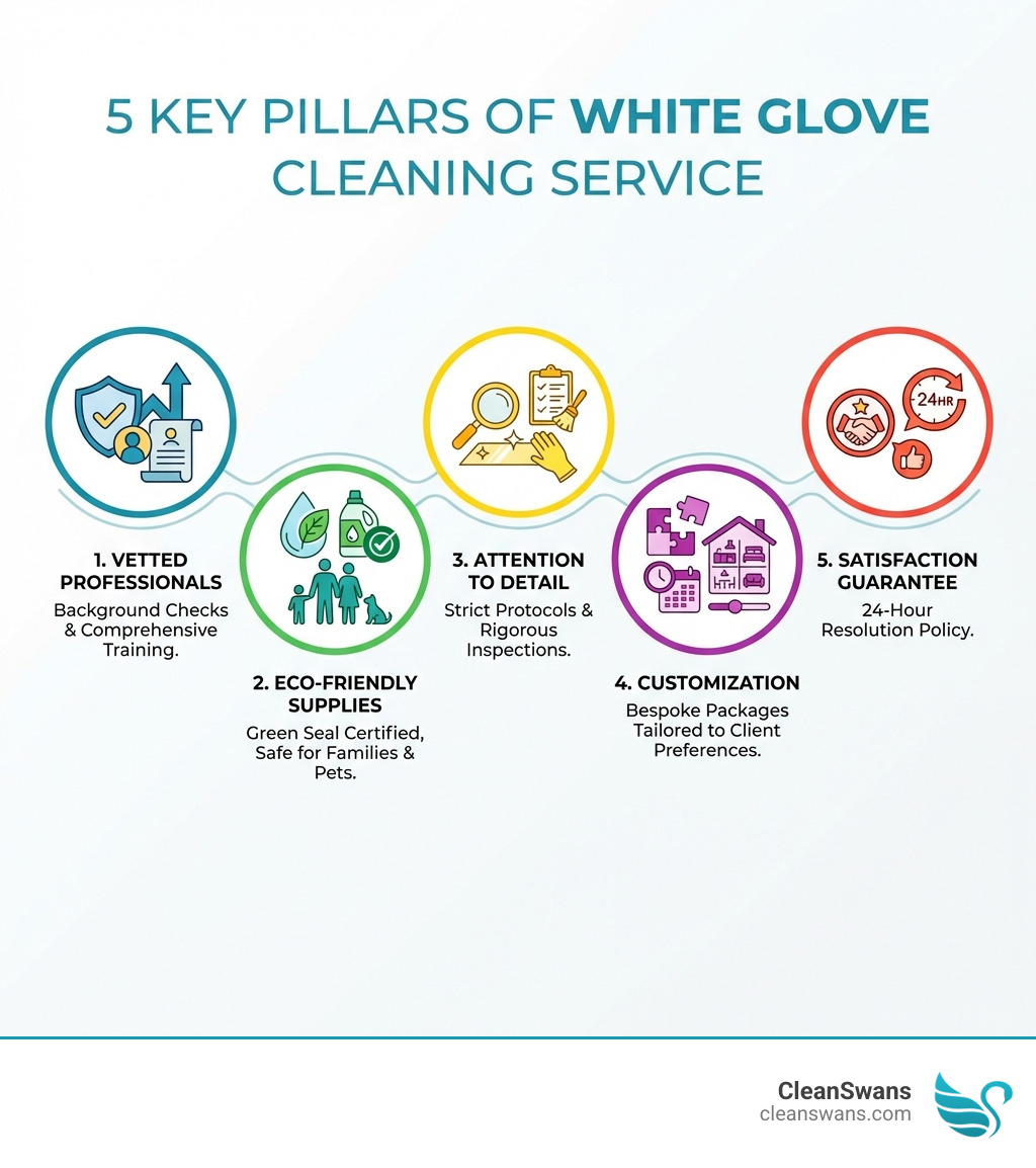 infographic showing the 5 key pillars of white glove cleaning service: vetted professionals with background checks and training, eco-friendly green seal certified supplies safe for families and pets, attention to detail with strict protocols and inspections, customization with bespoke packages tailored to client preferences, and satisfaction guarantee with 24-hour resolution policy - White Glove Residential Cleaning New Jersey infographic 