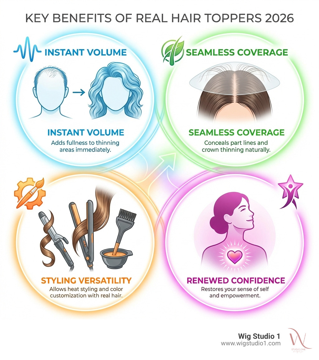 Infographic showing the four key benefits of hair toppers: Instant Volume adds fullness to thinning areas immediately, Seamless Coverage conceals part lines and crown thinning naturally, Styling Versatility allows heat styling and color customization with real hair, and Renewed Confidence restores your sense of self and empowerment - best real hair toppers 2026 infographic