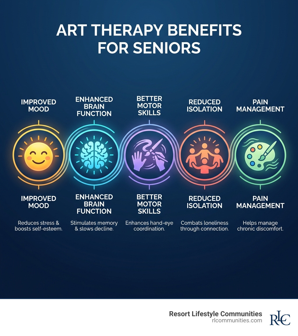 infographic showing art therapy benefits for seniors including improved mood with a smiling face icon, enhanced brain function with a brain icon, better motor skills with hands creating art icon, reduced isolation with connected people icons, and pain management with a calming palette icon - art therapy seniors infographic 