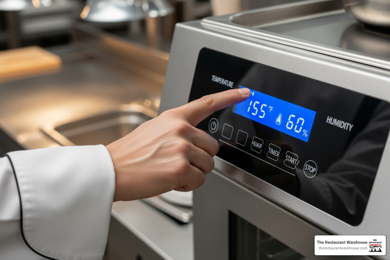 Chef's hand adjusting a digital control panel on a food warmer, with the display showing precise temperature and humidity readings - commercial food warmer container