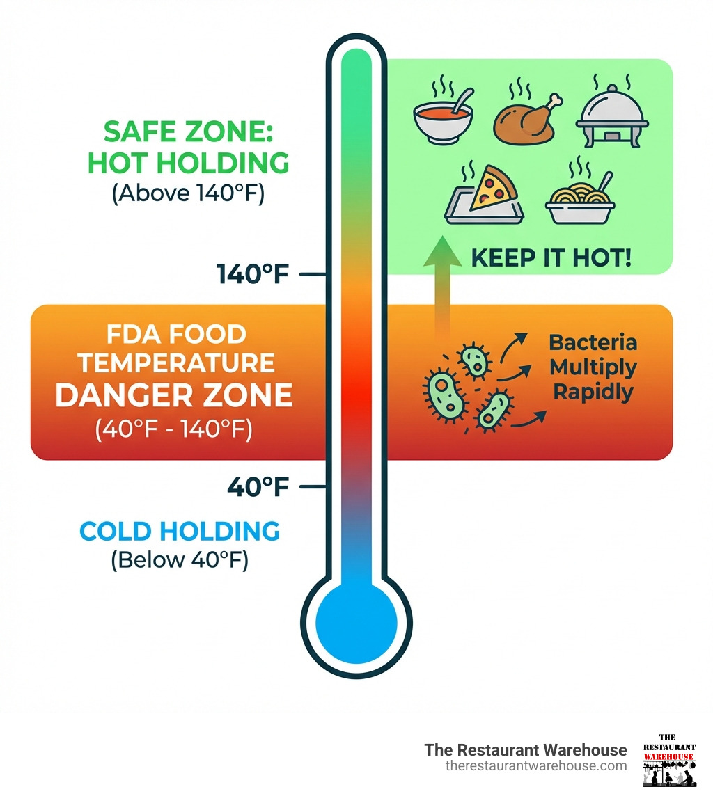 Infographic showing the FDA Food Temperature Danger Zone from 40 degrees F to 140 degrees F where bacteria multiply rapidly, with a clear safe zone marked above 140 degrees F for hot holding, including icons of various hot foods and a thermometer - commercial food warmer container infographic 