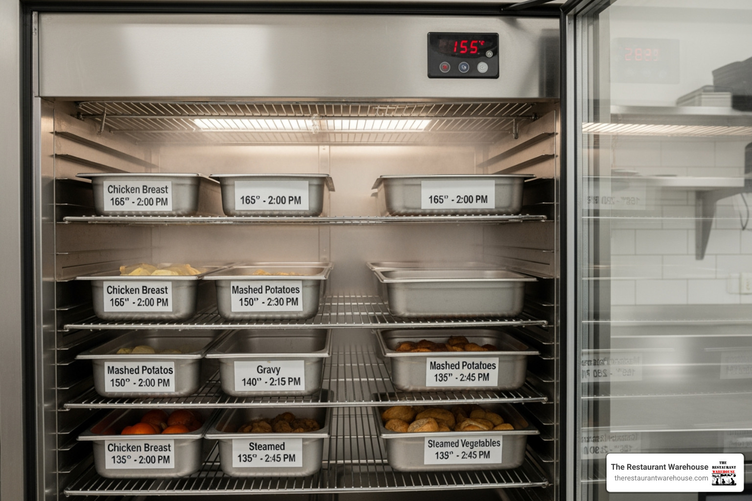 Organized holding cabinet with labeled food pans, demonstrating an efficient and safe food holding system in a commercial kitchen - commercial food warmer container