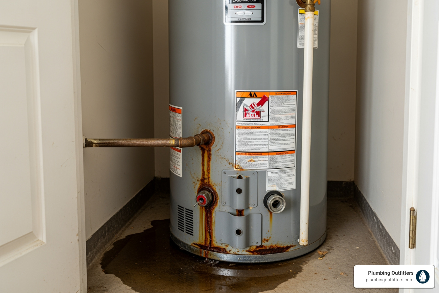 Infographic showing the top 5 warning signs of water heater failure: no hot water or inconsistent temperature with a thermometer icon, strange noises like rumbling or popping with a sound wave icon, visible leaks or pooling water at the base with a water droplet icon, discolored or rusty water coming from taps with a faucet icon, and age of unit exceeding recommended lifespan with a calendar icon - water heater repair in west lake hills, tx Water heater with rust stains and water pooling at the base, indicating potential issues, relevant to water heater maintenance in West Lake Hills, TX.