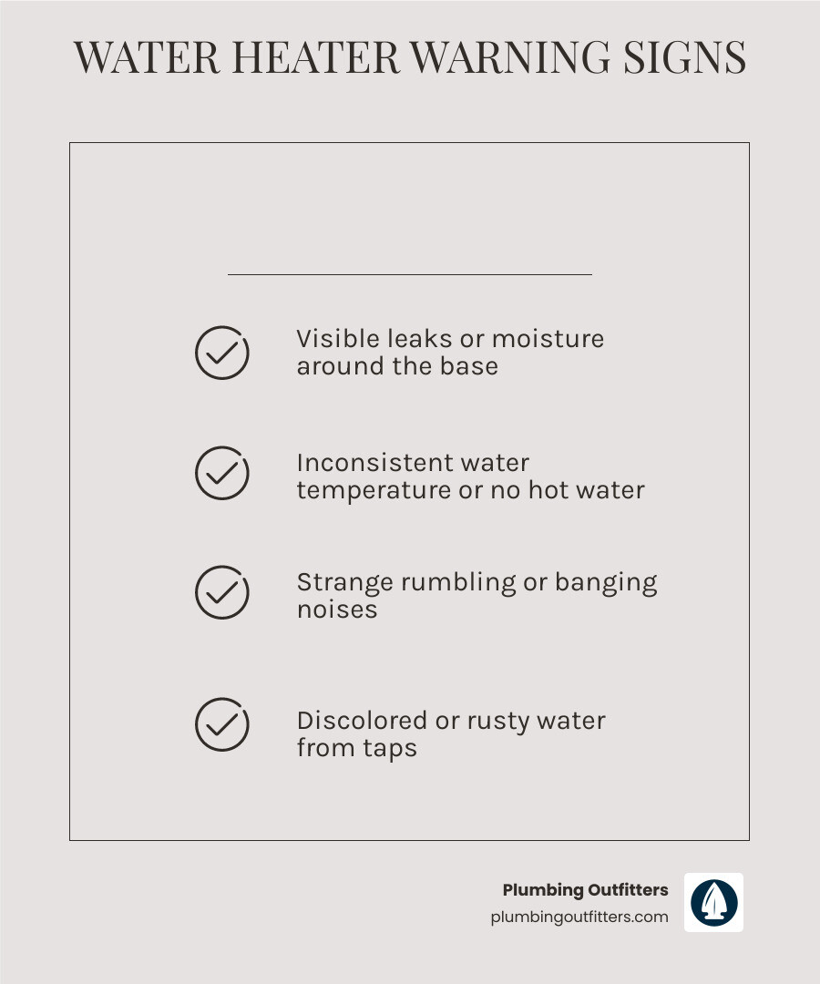 Infographic showing the top 5 warning signs a water heater is failing: inconsistent water temperature, strange rumbling or banging noises, visible leaks or moisture around the base, discolored or rusty water from taps, and pilot light that won't stay lit - water heater repair in pflugerville, tx infographic checklist-light-beige Water heater warning signs checklist including visible leaks, inconsistent water temperature, strange noises, and discolored water, branded by Plumbing Outfitters.