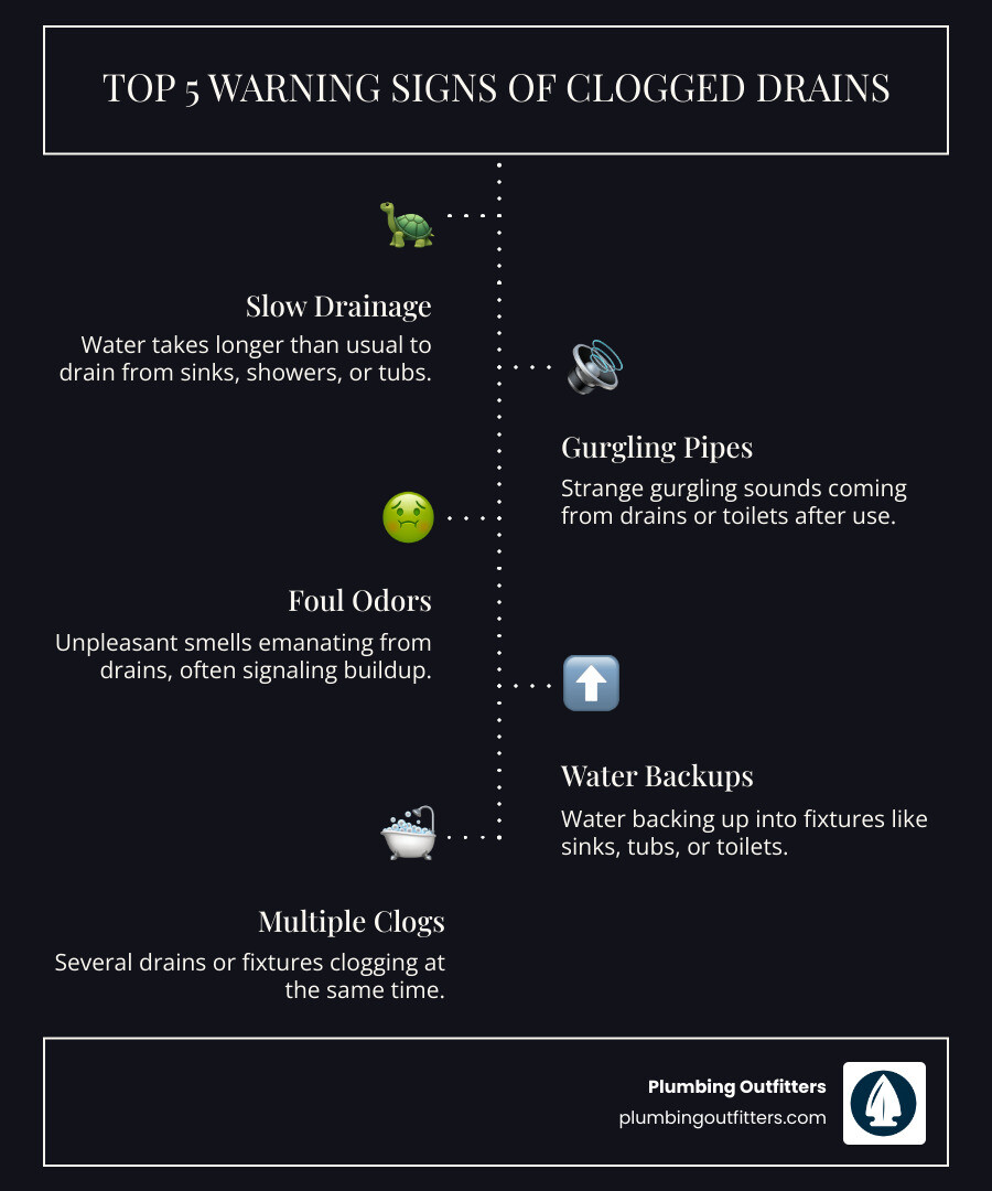 Infographic showing the top 5 warning signs of clogged drains in Leander homes: slow drainage with standing water, gurgling or bubbling sounds from pipes, persistent foul odors near drains, water backing up into sinks or tubs, and multiple fixtures experiencing drainage issues simultaneously - drain cleaning repair in leander, tx infographic infographic-line-5-steps-dark Top 5 warning signs of clogged drains infographic featuring slow drainage, gurgling pipes, foul odors, water backups, and multiple clogs, with icons representing each issue, branded by Plumbing Outfitters.