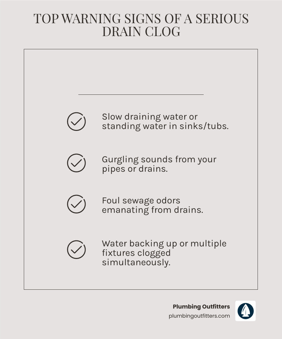 Infographic showing the top 5 warning signs of a serious drain clog: slow draining water pooling in sink, gurgling sounds from pipes, foul sewage odors, water backing up into multiple fixtures, and visible standing water in tubs or showers - professional clogged drain repair in pflugerville, tx infographic checklist-light-beige Infographic showing the top 5 warning signs of a serious drain clog: slow draining water pooling in sink, gurgling sounds from pipes, foul sewage odors, water backing up into multiple fixtures, and visible standing water in tubs or showers - professional clogged drain repair in pflugerville, tx infographic checklist-light-beige