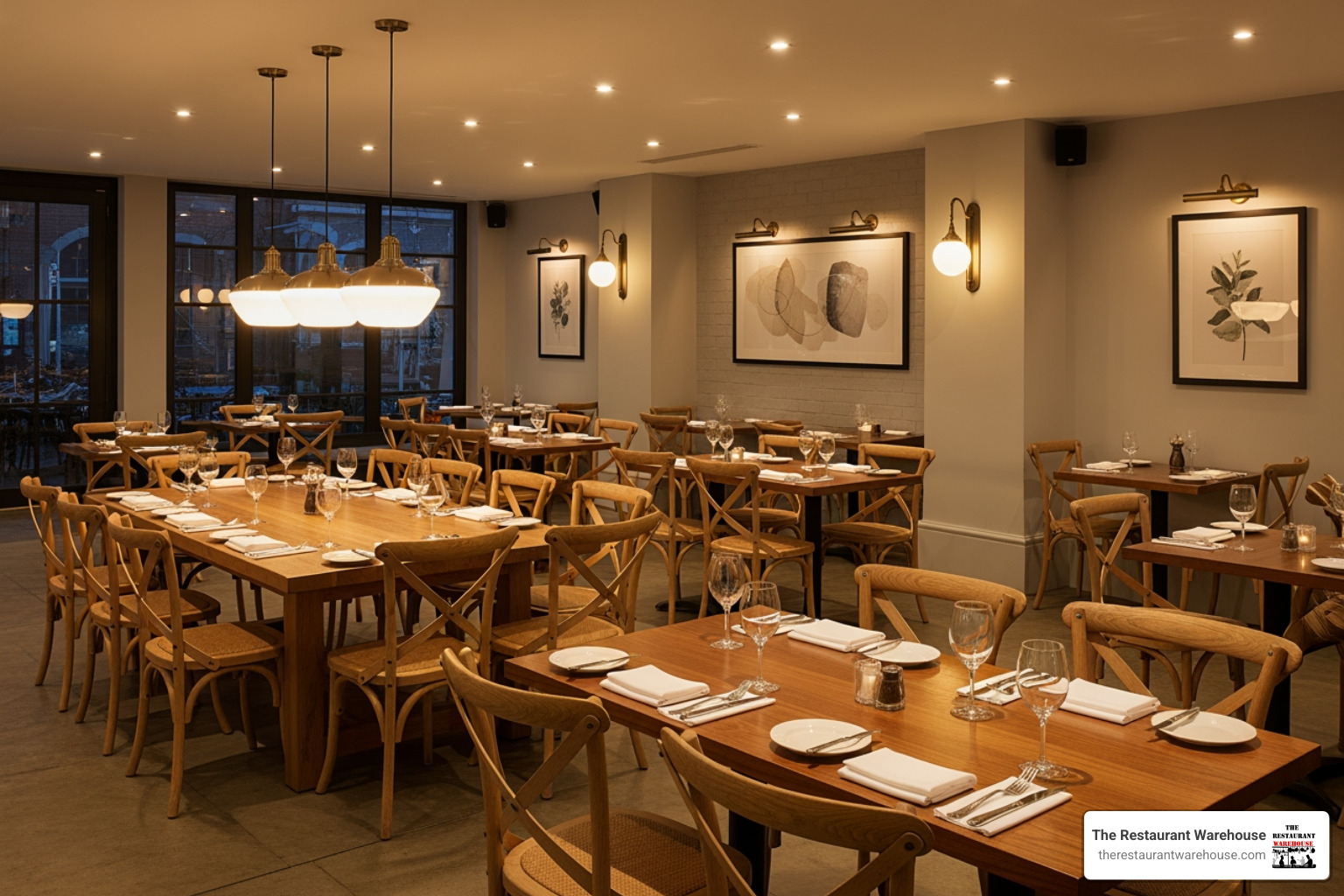 Modern restaurant interior with wooden cross back chairs and ambient lighting. - Cross back chairs