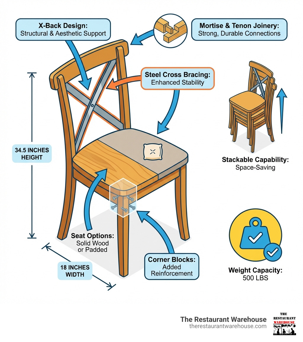 Infographic showing the anatomy of a cross back chair with labeled components including the X-back design, seat options (solid wood or padded), mortise and tenon joinery, corner blocks, steel cross bracing, stackable capability, weight capacity of 500 lbs, and typical dimensions of 34.5 inches height by 18 inches width - Cross back chairs infographic 