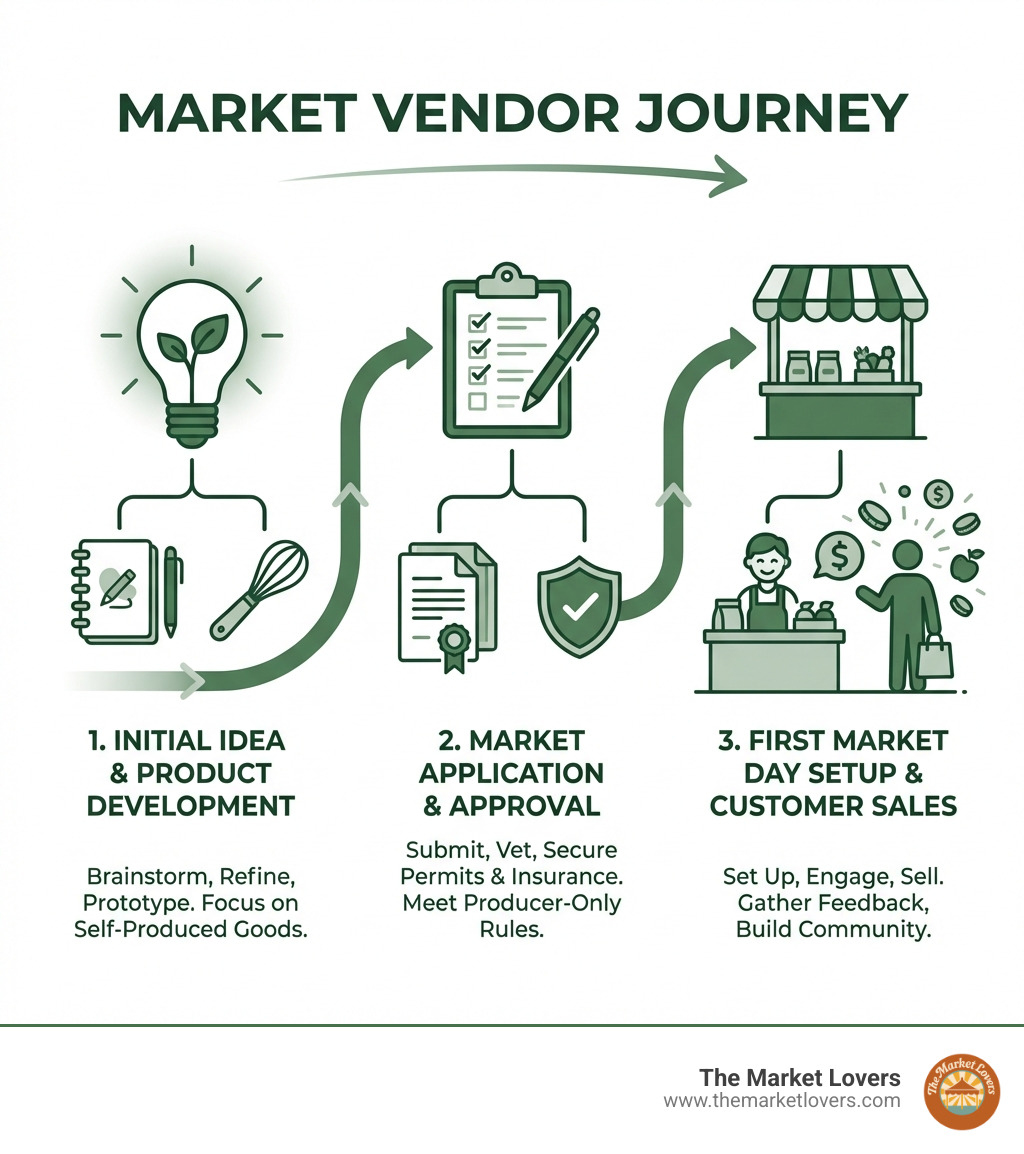 infographic showing the market vendor journey from initial idea and product development through market application and approval to first market day setup and customer sales - Market Vendors infographic infographic showing the market vendor journey from initial idea and product development through market application and approval to first market day setup and customer sales - Market Vendors infographic