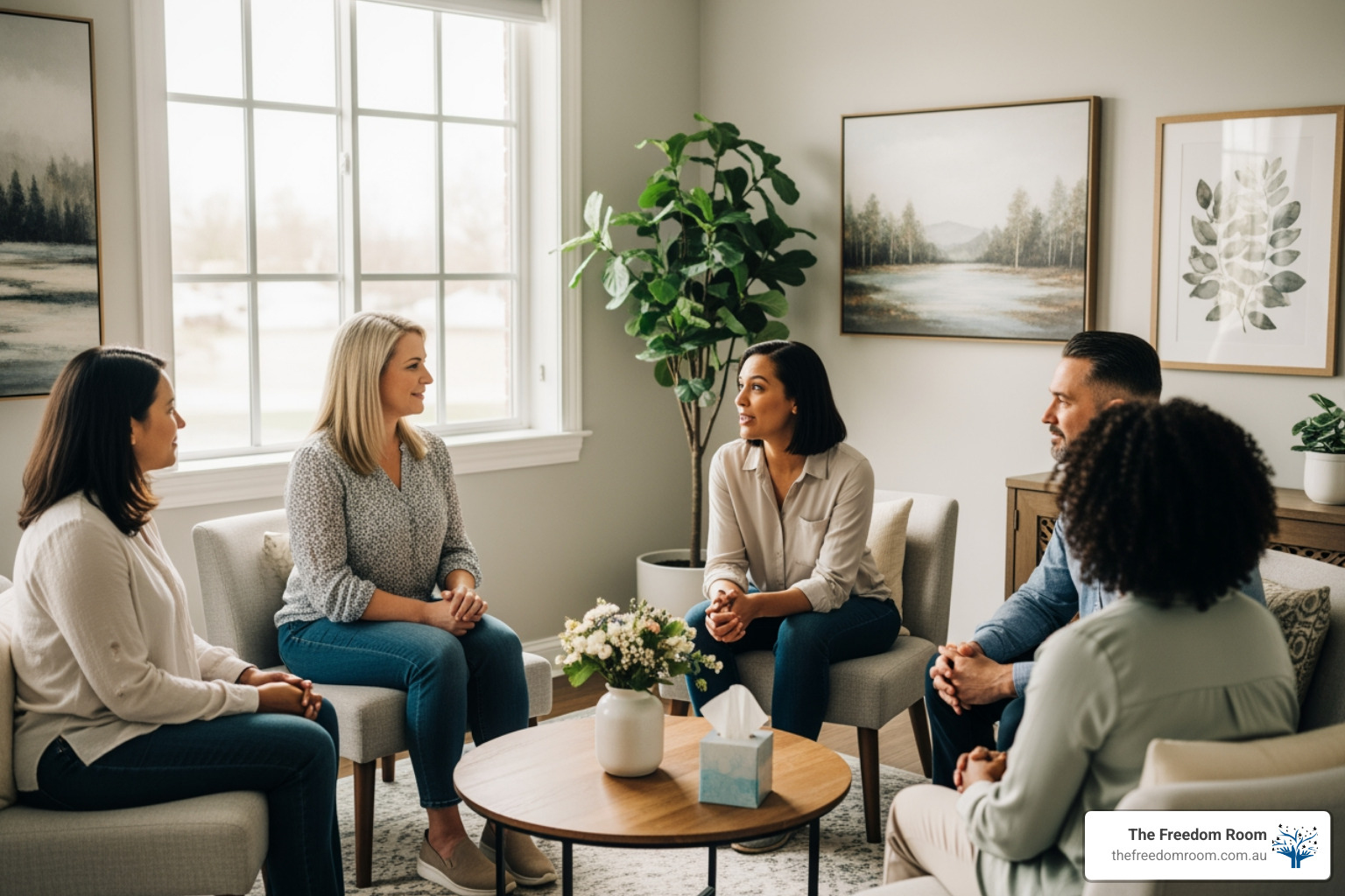 A diverse group of people sitting in a circle during a supportive peer meeting, illustrating a community-based approach to how to become sober from alcohol. A diverse group of people sitting in a circle during a supportive peer meeting, illustrating a community-based approach to how to become sober from alcohol.