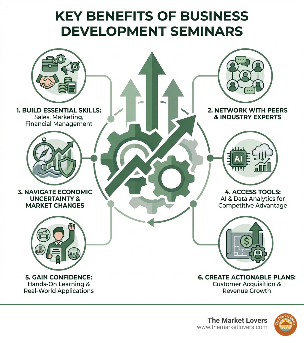 Infographic showing the key benefits of business development seminars: 1. Build essential skills in sales, marketing, and financial management, 2. Network with peers and industry experts, 3. Learn to navigate economic uncertainty and market changes, 4. Access tools like AI and data analytics for competitive advantage, 5. Gain confidence through hands-on learning and real-world applications, 6. Create actionable plans for customer acquisition and revenue growth - Business development seminars infographic 