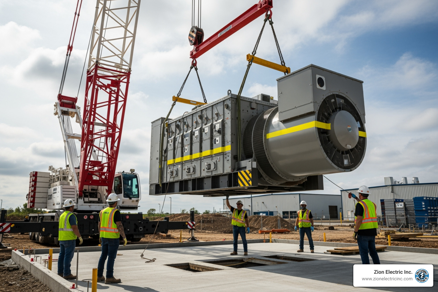 A generator being placed on a concrete pad by a crane - Commercial generator installation A generator being placed on a concrete pad by a crane - Commercial generator installation