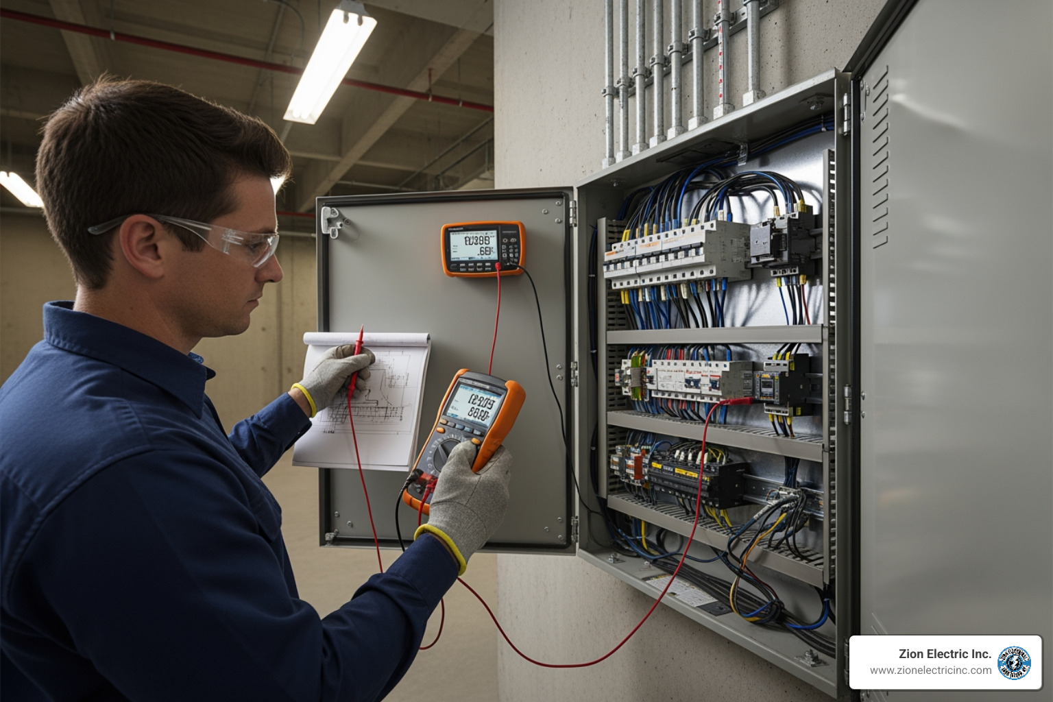 An electrician performing a load calculation on an electrical panel - Commercial generator installation An electrician performing a load calculation on an electrical panel - Commercial generator installation