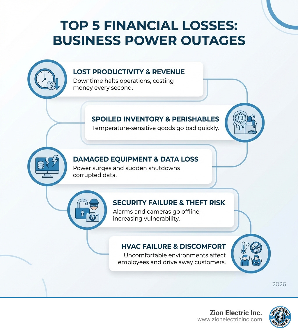 Infographic showing the top 5 financial losses businesses face during a power outage: lost productivity and revenue, spoiled inventory and perishable goods, damaged electronic equipment and data loss, security system failure and theft risk, and HVAC failure affecting employee and customer comfort - Commercial generator installation infographic Infographic showing the top 5 financial losses businesses face during a power outage: lost productivity and revenue, spoiled inventory and perishable goods, damaged electronic equipment and data loss, security system failure and theft risk, and HVAC failure affecting employee and customer comfort - Commercial generator installation infographic