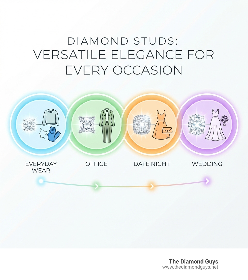 infographic showing diamond studs styled for different occasions from casual daywear to formal evening events with labels for office, date night, wedding, and everyday wear - buy real diamond studs infographic infographic showing diamond studs styled for different occasions from casual daywear to formal evening events with labels for office, date night, wedding, and everyday wear - buy real diamond studs infographic