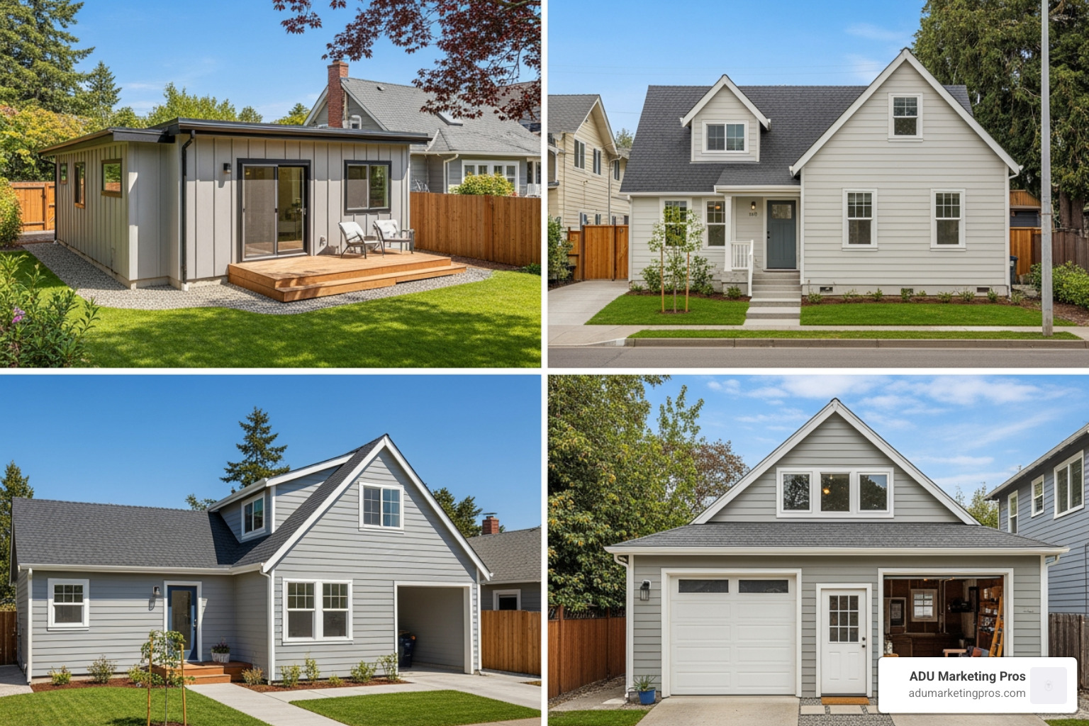 Different types of ADUs including detached, attached, and garage conversion - ADU construction California