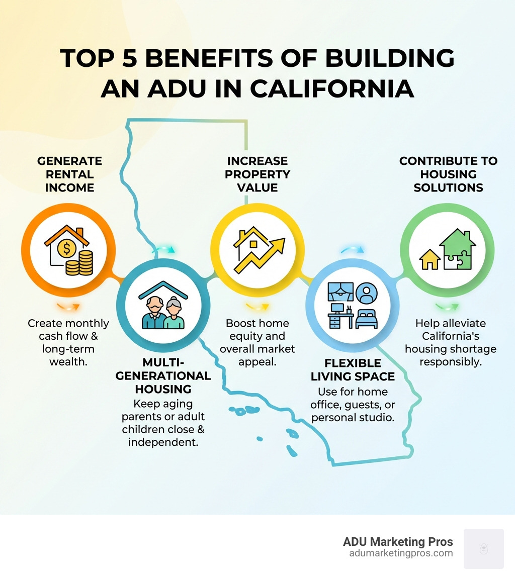 Infographic explaining the top 5 benefits of building an ADU in California - ADU construction California infographic 