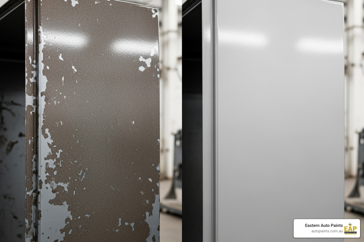 Side-by-side comparison of a liquid painted surface and a powder-coated surface, highlighting the superior durability and chip resistance of the powder coating. - powder coatings