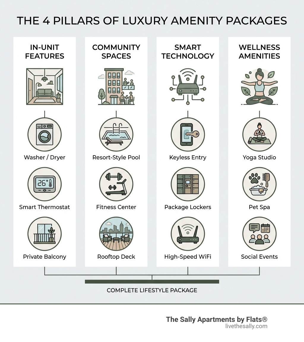 infographic showing four pillars of luxury amenity packages: In-Unit Features (washer dryer, smart thermostat, private balcony), Community Spaces (pool, fitness center, rooftop deck), Smart Technology (keyless entry, package lockers, high-speed wifi), and Wellness Amenities (yoga studio, pet spa, social events) - best luxury apartments with complete amenity packages infographic 