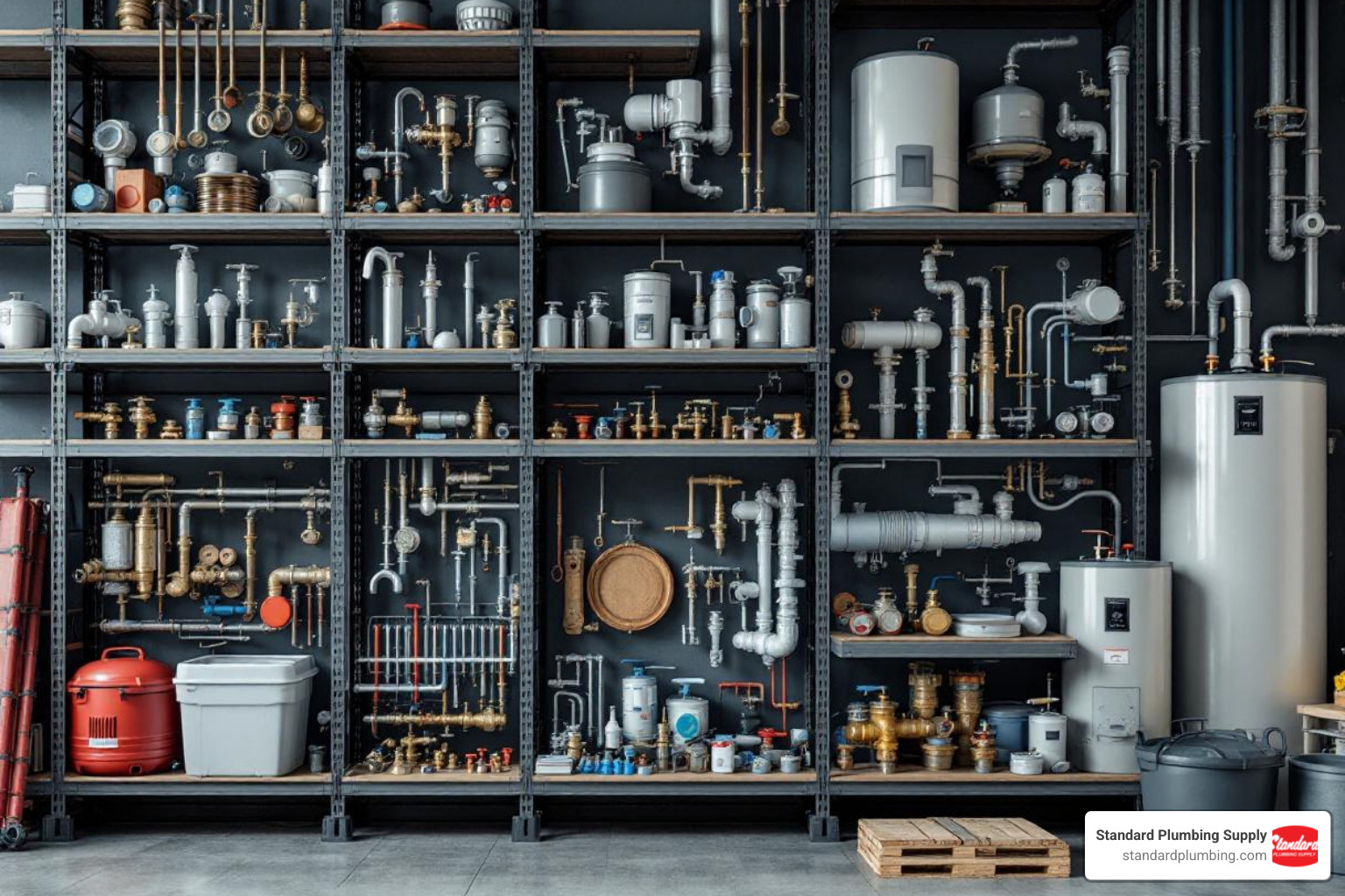 plumbing components like faucets, valves, and water heaters on shelves - plumbing supplies warehouse