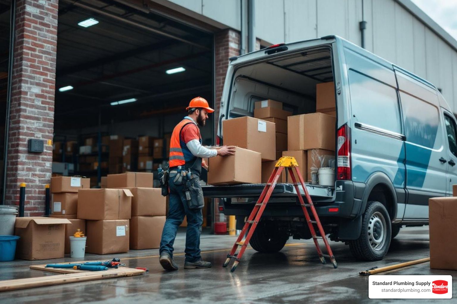 contractor loading a truck at a Standard Plumbing Supply warehouse loading dock - plumbing supplies warehouse
