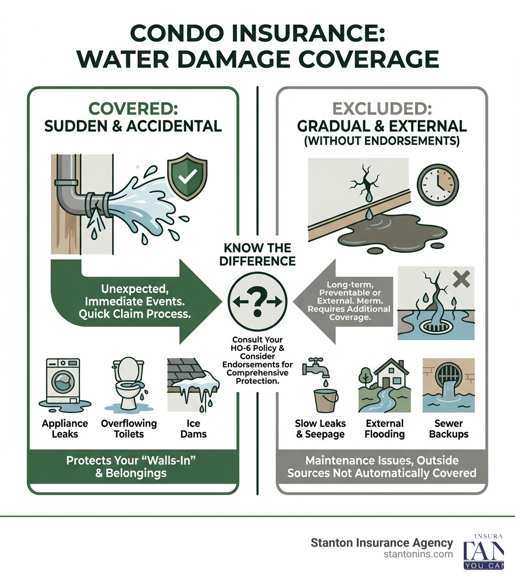 infographic showing the difference between covered sudden and accidental water damage such as a burst pipe versus excluded damage including slow leaks gradual seepage flooding from external sources and sewer backups without endorsements - condo insurance coverage for water damage infographic 