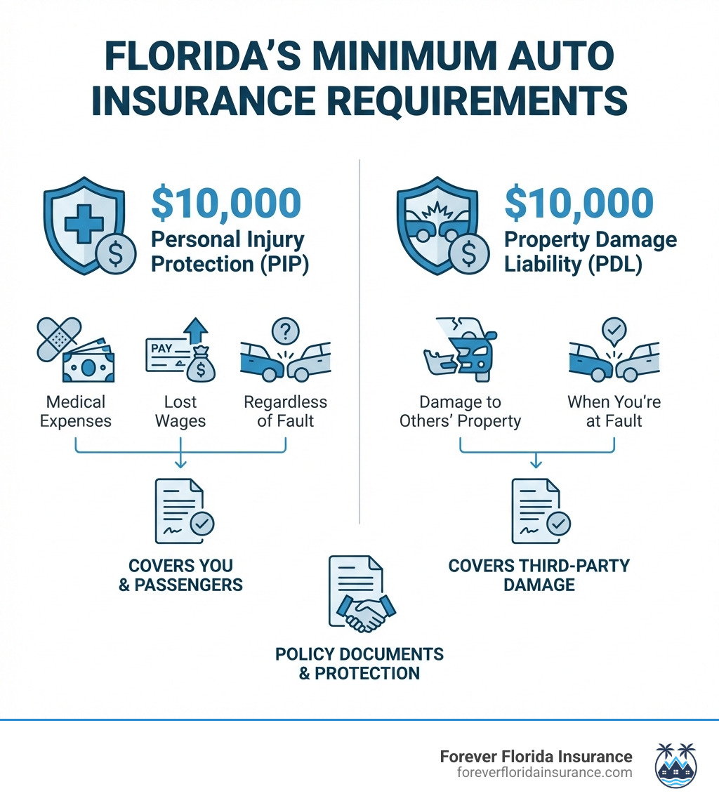 infographic showing Florida's minimum auto insurance requirements: $10,000 Personal Injury Protection (PIP) covering medical expenses and lost wages regardless of fault, and $10,000 Property Damage Liability (PDL) covering damage to others' property when you're at fault, with visual icons for medical bills, car repairs, and policy documents - auto insurance crestview fl infographic infographic showing Florida's minimum auto insurance requirements: $10,000 Personal Injury Protection (PIP) covering medical expenses and lost wages regardless of fault, and $10,000 Property Damage Liability (PDL) covering damage to others' property when you're at fault, with visual icons for medical bills, car repairs, and policy documents - auto insurance crestview fl infographic