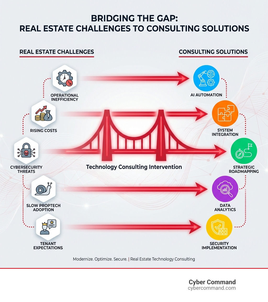 Infographic showing the key challenges facing modern real estate firms (operational inefficiency, rising costs, cybersecurity threats, slow PropTech adoption, tenant expectations) mapped to technology consulting solutions (AI automation, system integration, strategic roadmapping, data analytics, and security implementation) - Real estate technology consulting infographic 