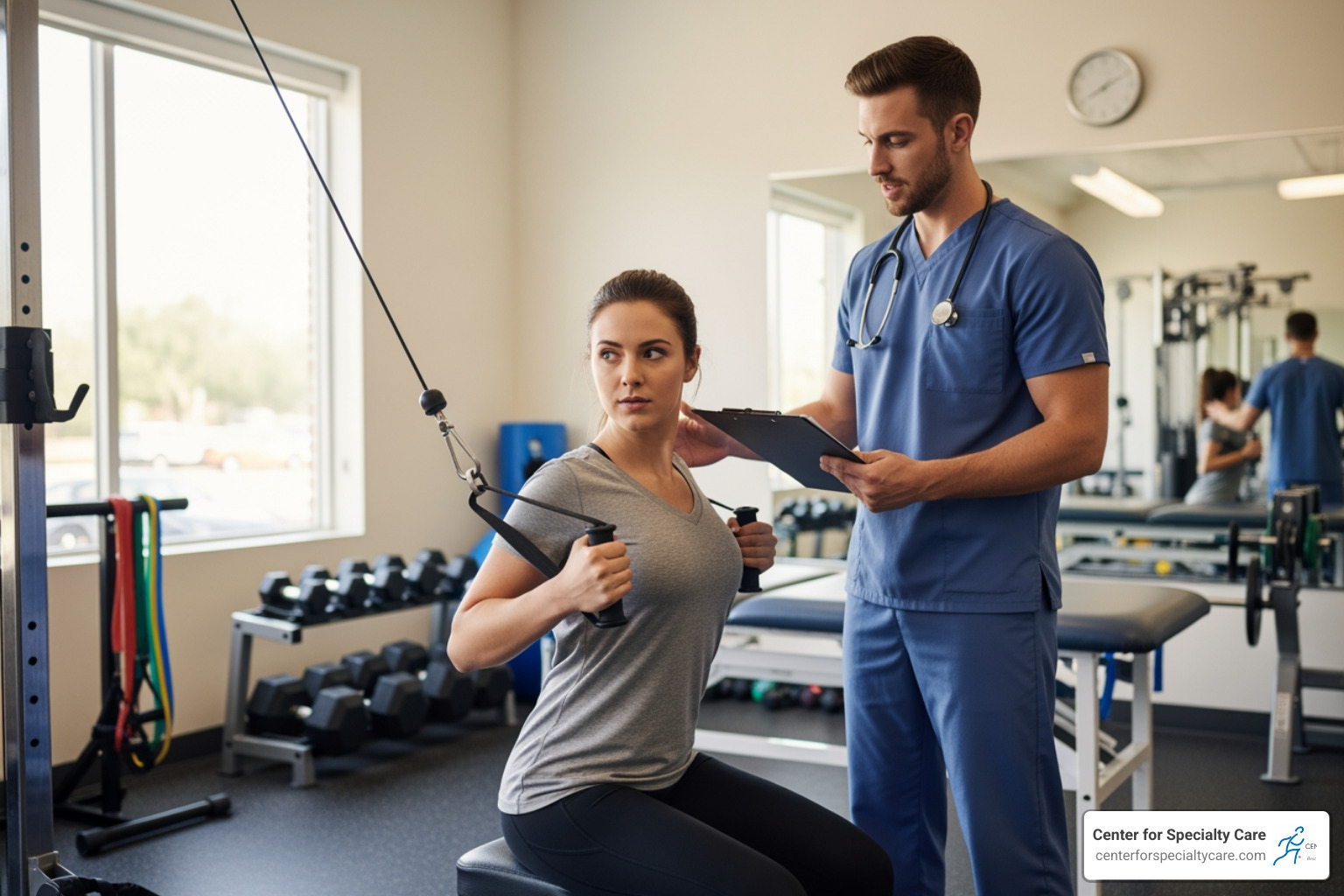 a patient engaged in a physical therapy exercise with a therapist - what does a pain management clinic do