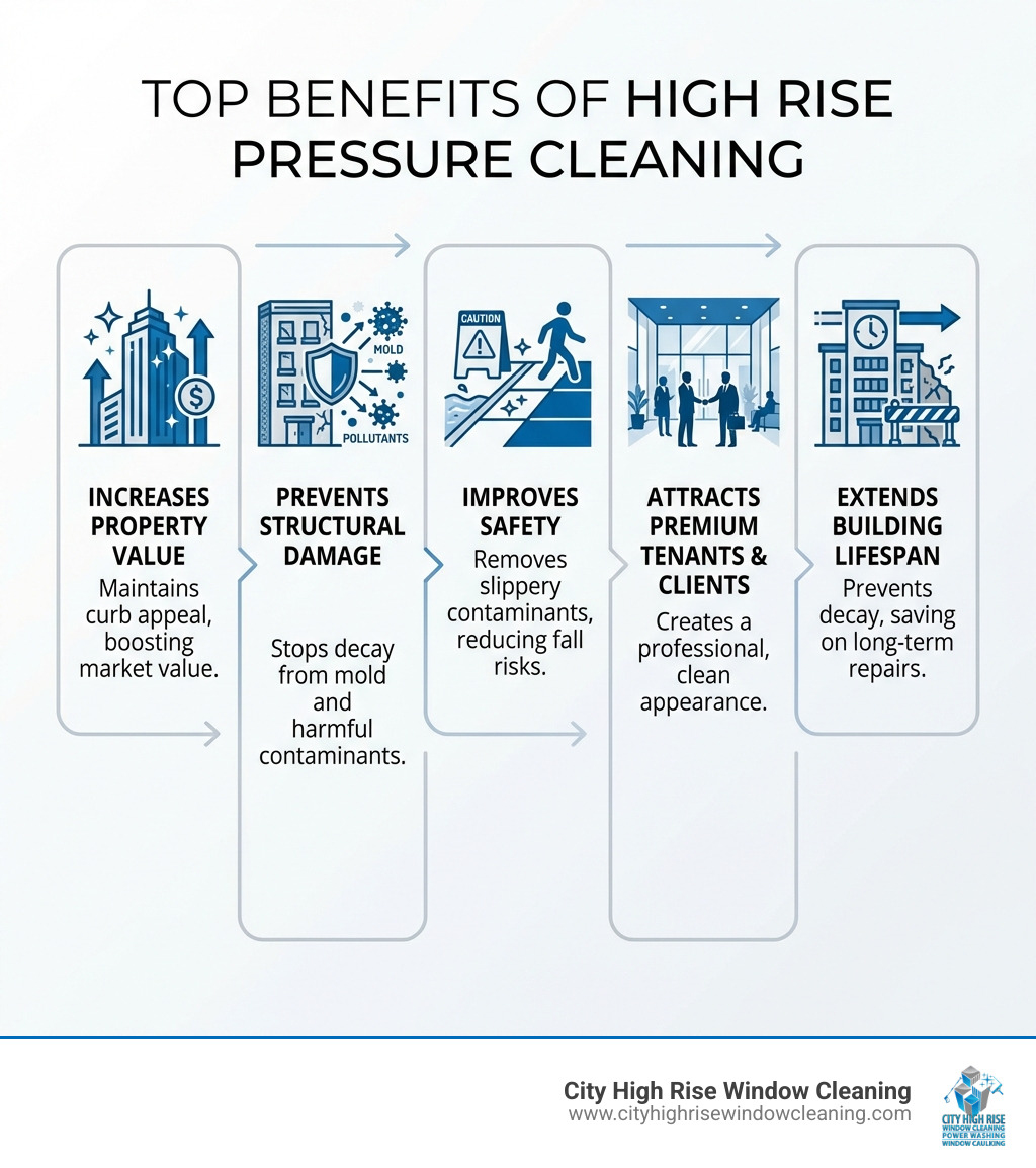 Infographic showing the top benefits of high rise pressure cleaning: increases property value by maintaining curb appeal, prevents structural damage from mold and pollutants, improves safety by removing slippery contaminants, attracts premium tenants and clients with a clean appearance, and extends building lifespan by stopping decay before it starts - High rise pressure cleaning infographic Infographic showing the top benefits of high rise pressure cleaning: increases property value by maintaining curb appeal, prevents structural damage from mold and pollutants, improves safety by removing slippery contaminants, attracts premium tenants and clients with a clean appearance, and extends building lifespan by stopping decay before it starts - High rise pressure cleaning infographic