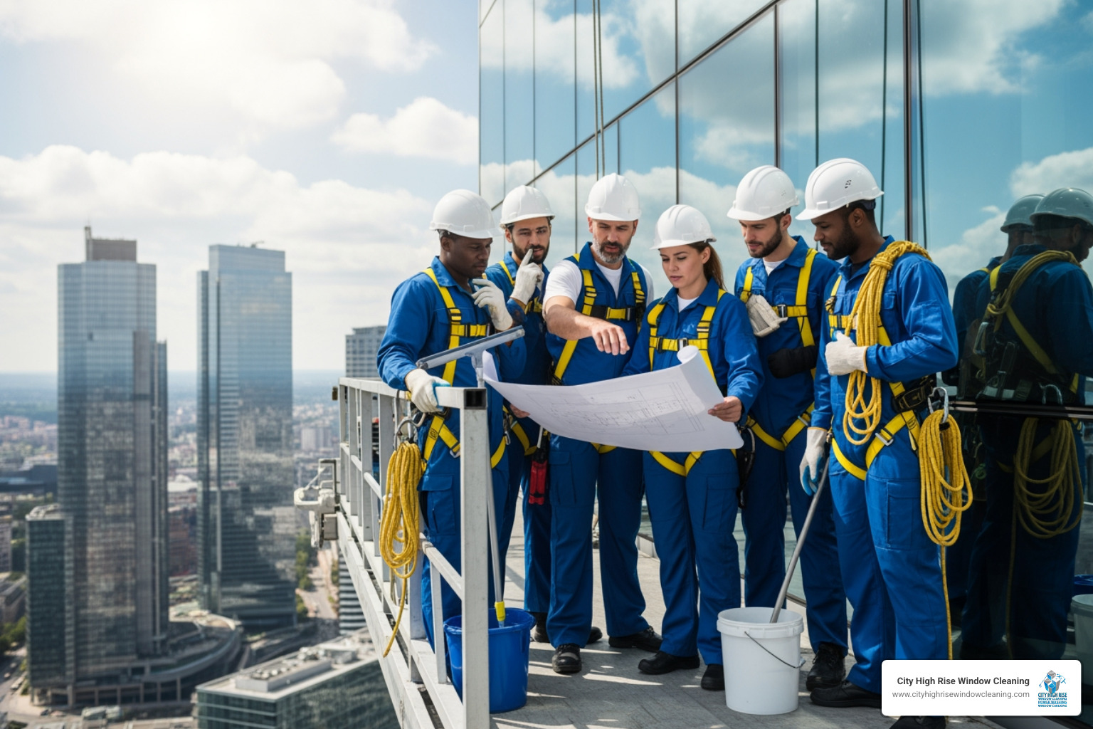 Professional team conducting a safety briefing before a high-rise cleaning project - High rise pressure cleaning Professional team conducting a safety briefing before a high-rise cleaning project - High rise pressure cleaning
