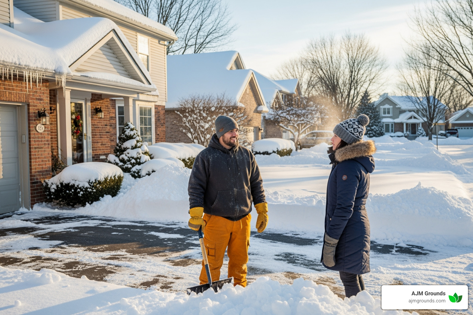 friendly snow removal professional talking with a homeowner - Residential snow removal Burlington