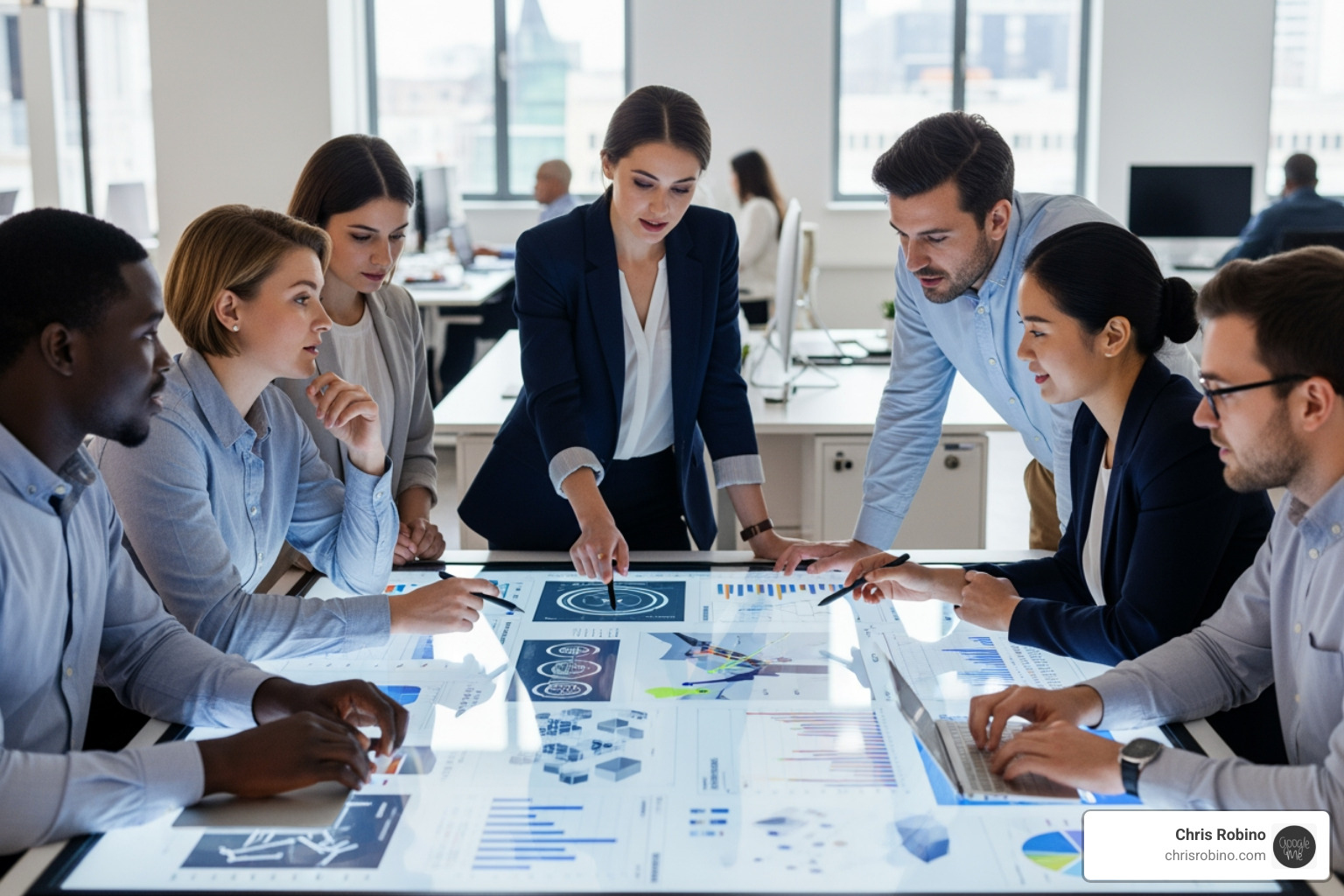 Diverse team collaborating around a digital interface - technology trends consulting