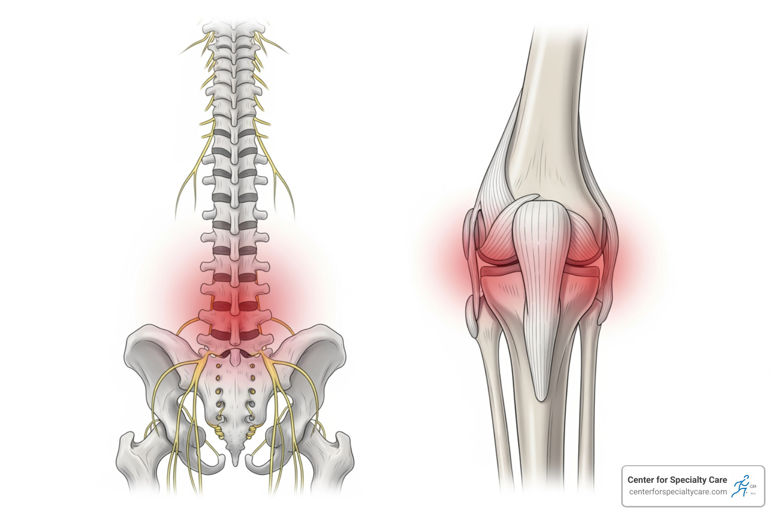 anatomical charts showing common pain areas like the spine and knee - what does a pain management clinic do