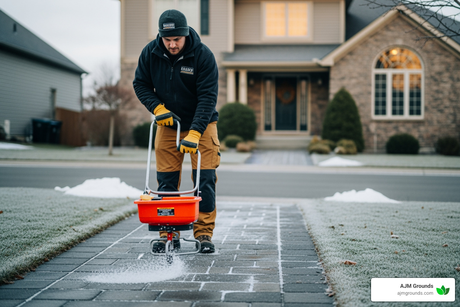 A crew member in uniform is carefully applying de-icing salt to a residential walkway, ensuring even coverage - snow removal service for residential