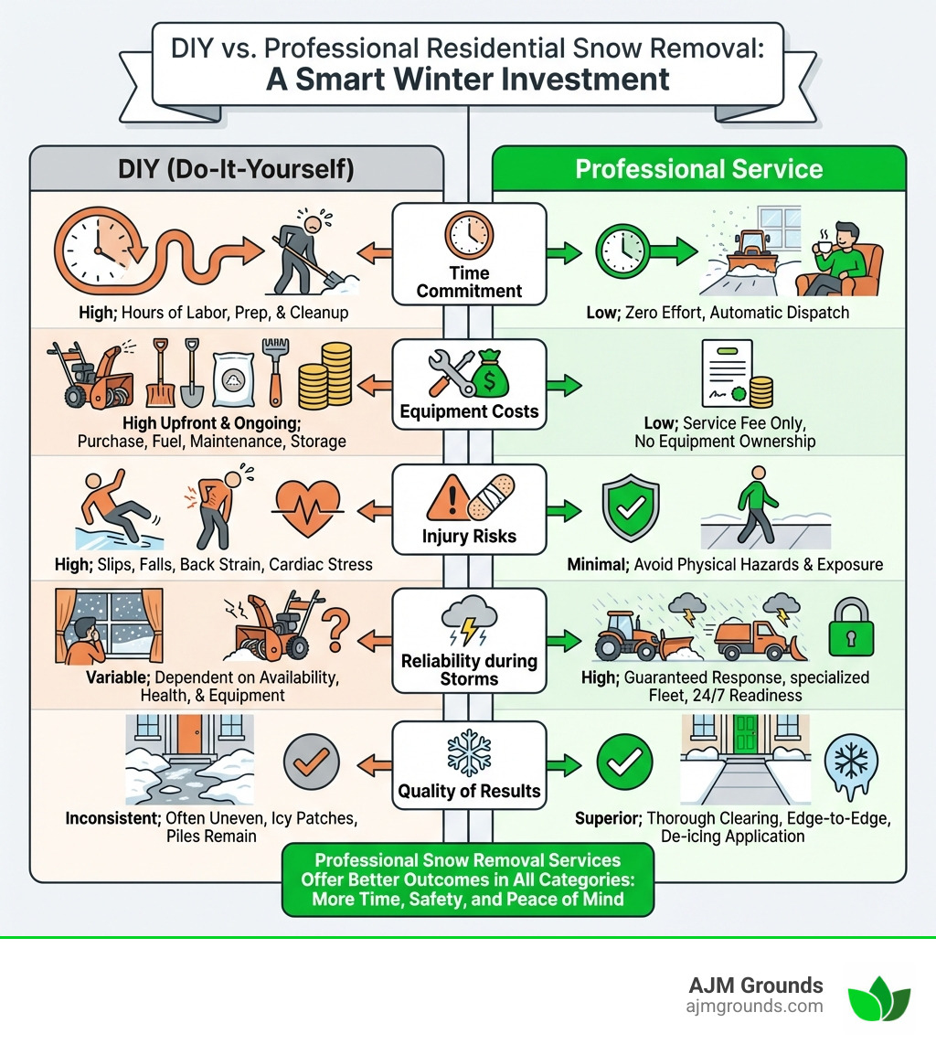 Infographic comparing DIY vs Professional Snow Removal showing time commitment, equipment costs, injury risks, reliability during storms, and quality of results with professional services offering better outcomes in all categories - snow removal service for residential infographic 