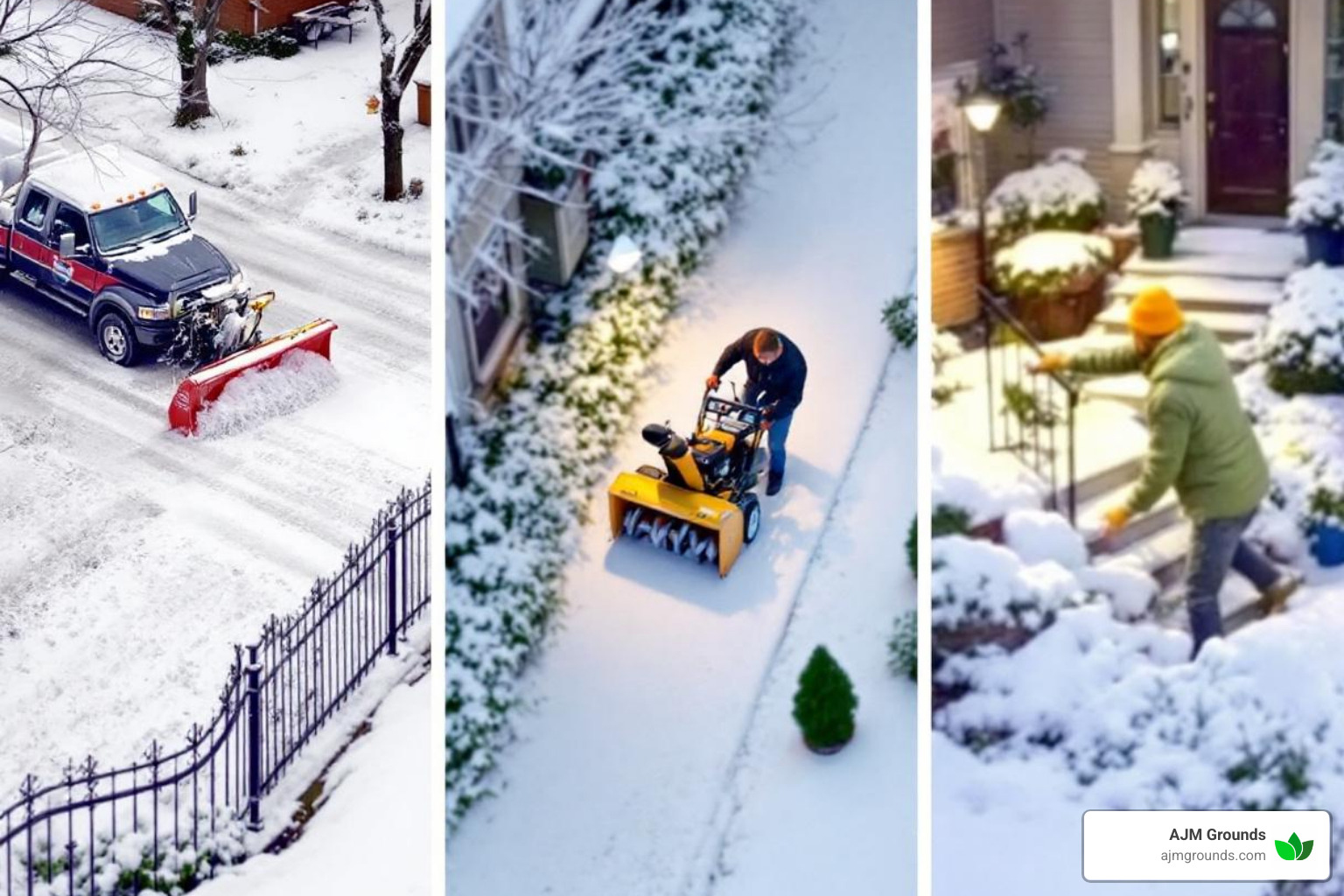 Image showing different equipment: a plow truck clearing a driveway, a person operating a snow blower on a path, and someone manually shoveling stairs - snow removal service for residential