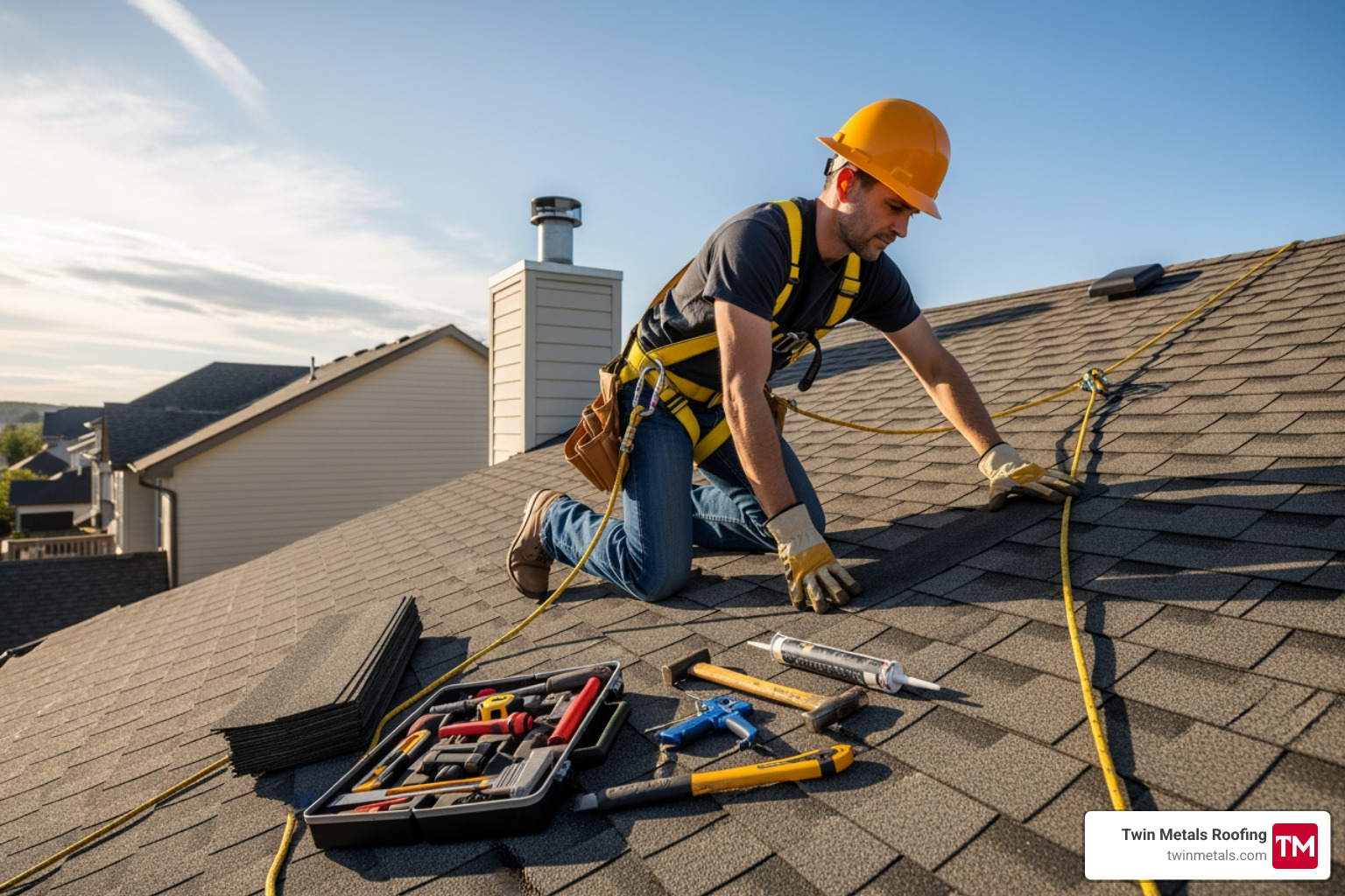 Image of a professional roofer safely working on a roof, wearing appropriate safety gear, with a clean work area - Roof replacement Sudbury