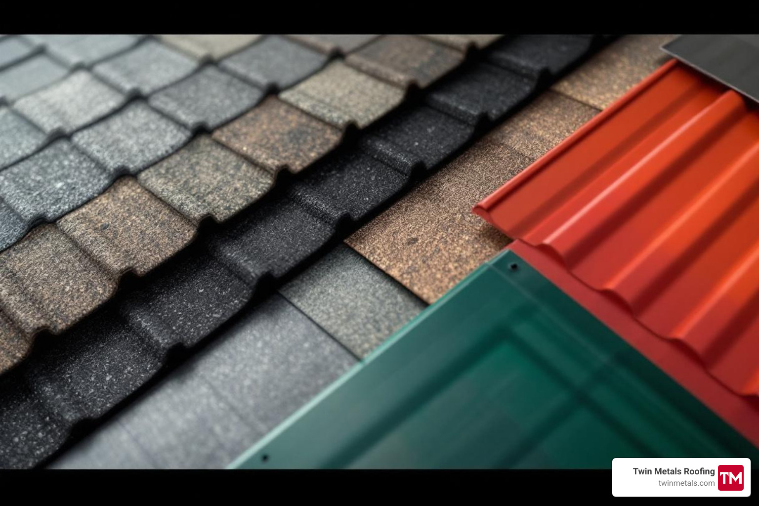 Image of various roofing material samples like asphalt shingles in different colors and metal panels in various profiles - Roof replacement Sudbury