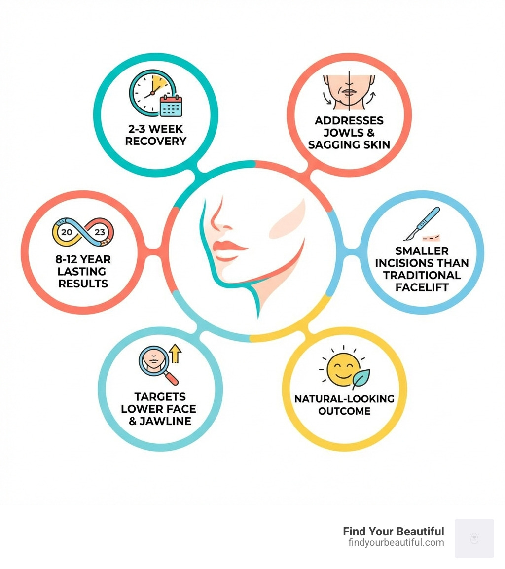 infographic showing mini facelift benefits including 2-3 week recovery, 8-12 year lasting results, targets lower face and jawline, addresses jowls and sagging skin, uses smaller incisions than traditional facelift, natural-looking outcome - mini facelift san antonio infographic 