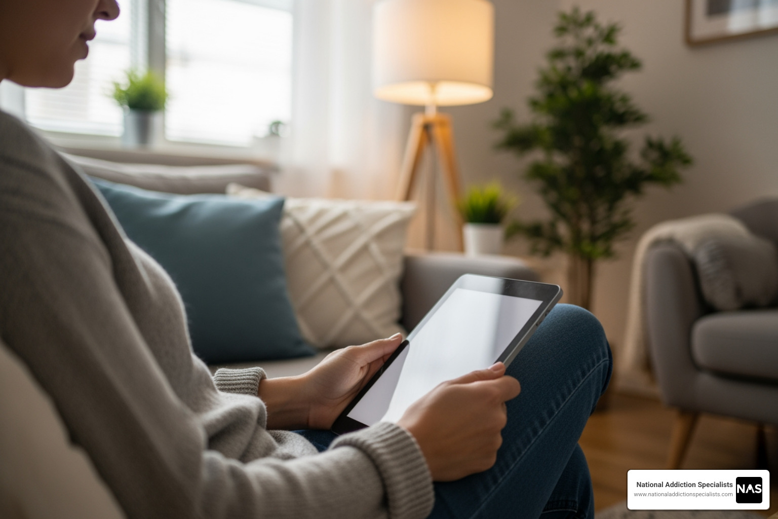 A person looking relaxed and relieved, sitting on a couch and engaging in a virtual appointment on a tablet, symbolizing the comfort and privacy of online treatment - suboxone treatment online