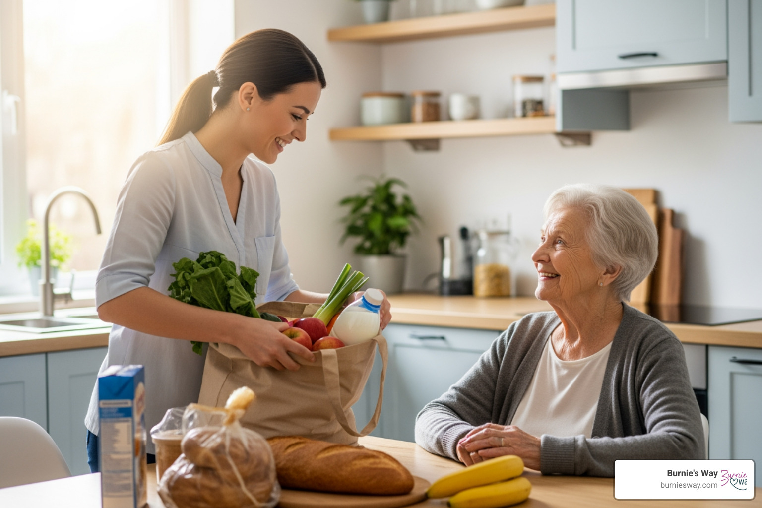 A friendly support person helping a senior with groceries - eldercare services A friendly support person helping a senior with groceries - eldercare services