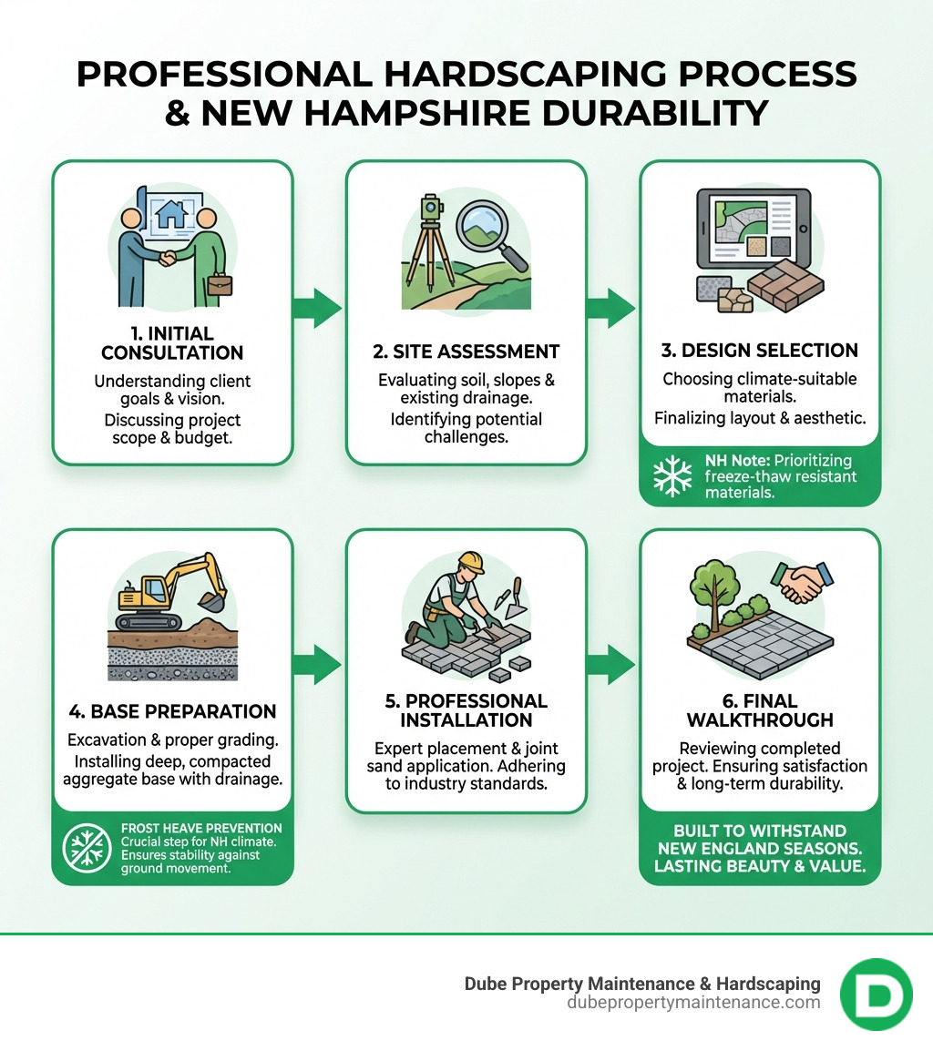 Infographic showing the hardscaping process from initial consultation through site assessment, design selection, base preparation with proper drainage, professional installation, and final walkthrough, with notes on frost heave prevention and material durability for New Hampshire climate - hardscaper chester nh infographic 