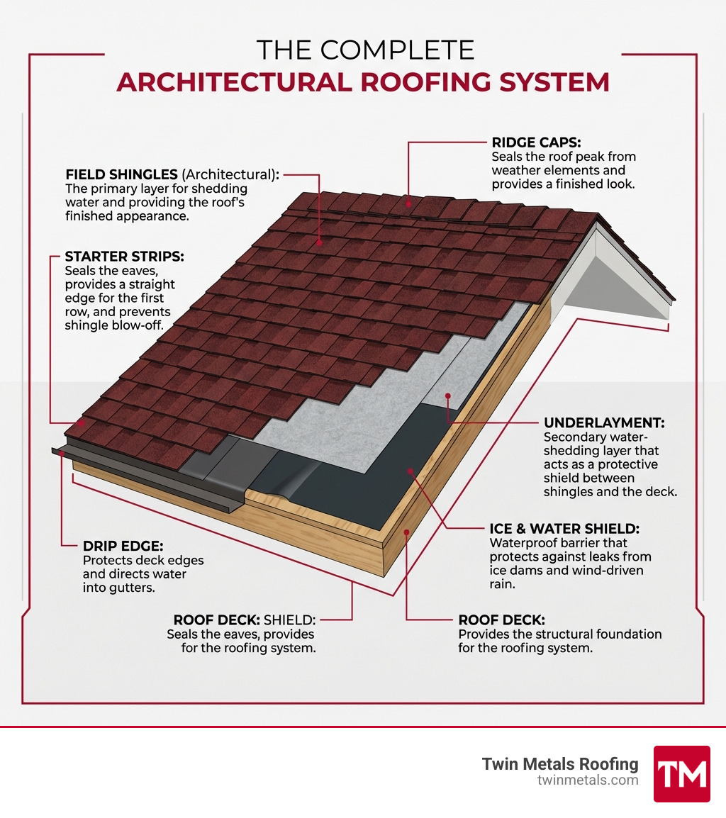 Architectural roofing system diagram highlighting key components: field shingles, starter strips, ridge caps, underlayment, drip edge, ice and water shield, and roof deck, illustrating proper installation for optimal water shedding and durability.