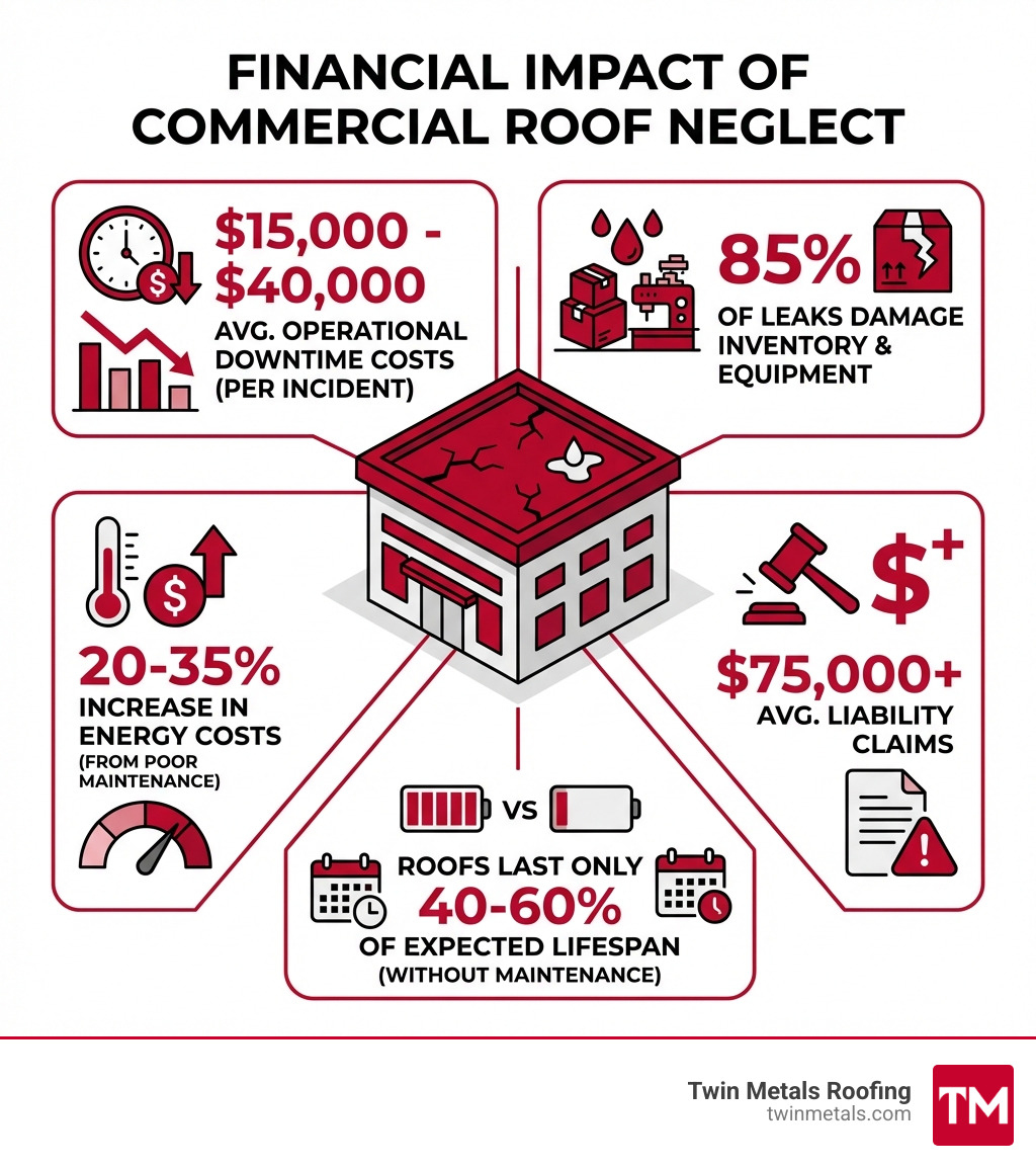 infographic showing the financial impact of commercial roof neglect: $15,000-$40,000 average operational downtime costs per incident, 85% of leaks damage inventory and equipment, 20-35% increase in energy costs from poor maintenance, $75,000+ average liability claims, and roofs lasting only 40-60% of expected lifespan without maintenance - local commercial roofing companies infographic infographic showing the financial impact of commercial roof neglect: $15,000-$40,000 average operational downtime costs per incident, 85% of leaks damage inventory and equipment, 20-35% increase in energy costs from poor maintenance, $75,000+ average liability claims, and roofs lasting only 40-60% of expected lifespan without maintenance - local commercial roofing companies infographic