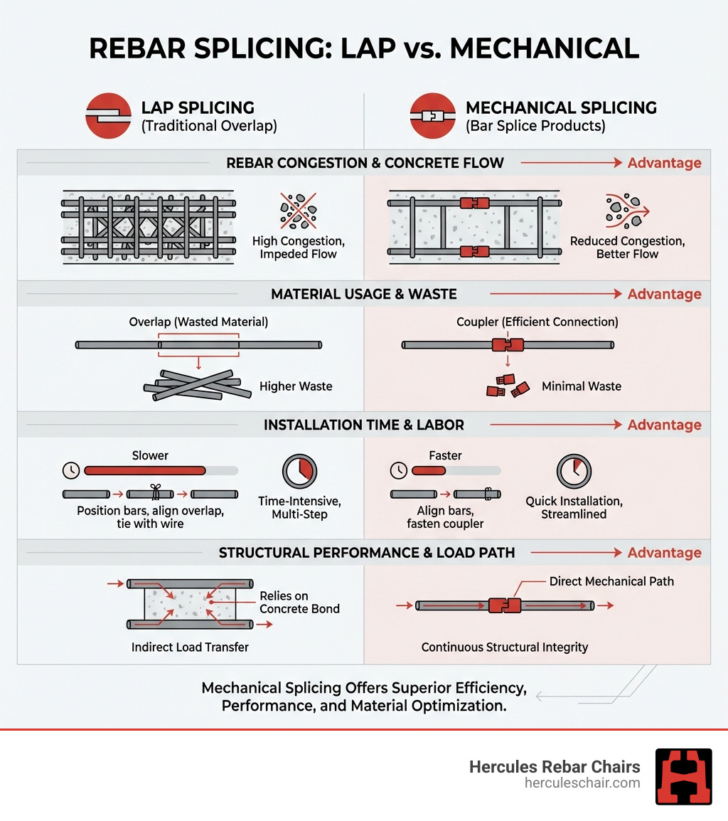 Infographic comparing lap splicing versus mechanical splicing showing rebar congestion differences, material usage, installation time, and structural performance in concrete elements - bar splice products infographic 