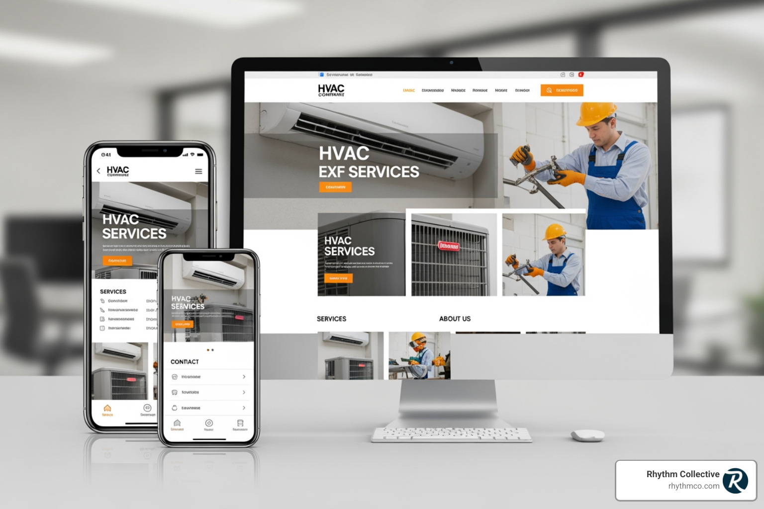 Clean, mobile-responsive HVAC website on phone and desktop - marketing for HVAC companies Clean, mobile-responsive HVAC website on phone and desktop - marketing for HVAC companies