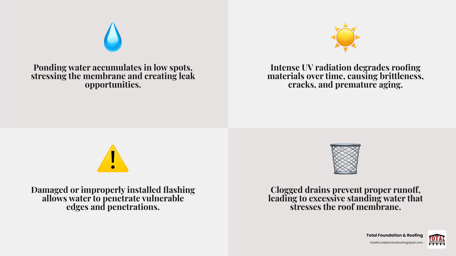 Infographic showing the anatomy of a flat roof leak: ponding water accumulates in low spots, UV rays degrade the membrane over time, damaged flashing around vents and edges allows water infiltration, and clogged drains prevent proper drainage leading to standing water - flat top roof repair infographic 4_facts_emoji_grey