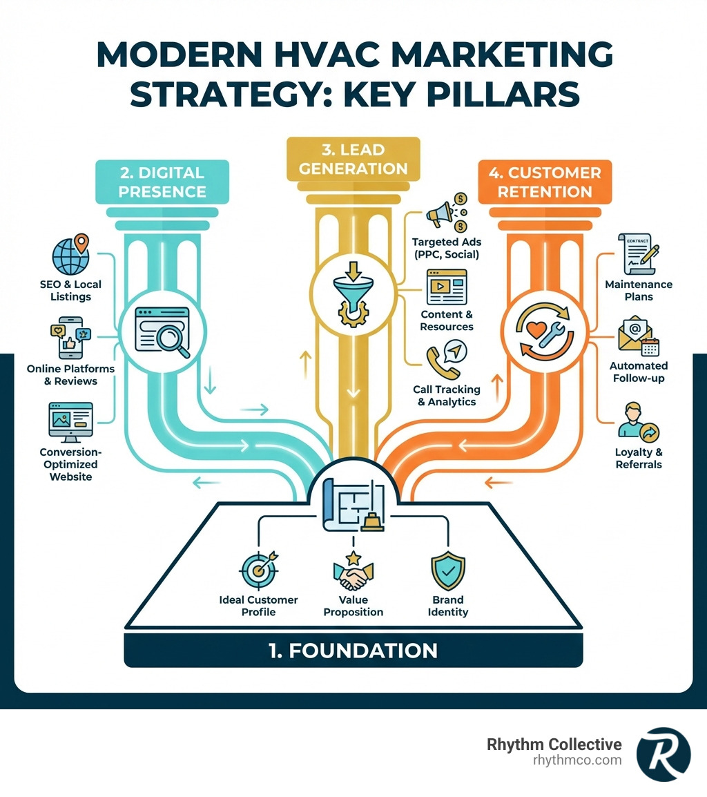 Infographic explaining the key pillars of a modern HVAC marketing strategy: Foundation, Digital Presence, Lead Generation, and Customer Retention. - marketing for HVAC companies infographic Infographic explaining the key pillars of a modern HVAC marketing strategy: Foundation, Digital Presence, Lead Generation, and Customer Retention. - marketing for HVAC companies infographic