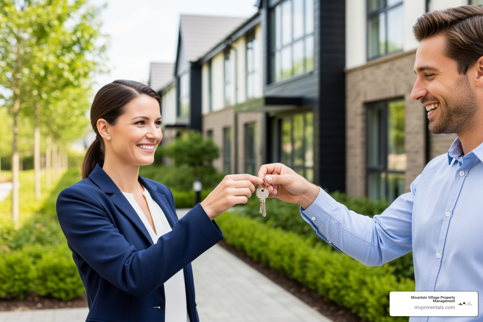 image of a property manager handing keys to a happy tenant - property management bozeman